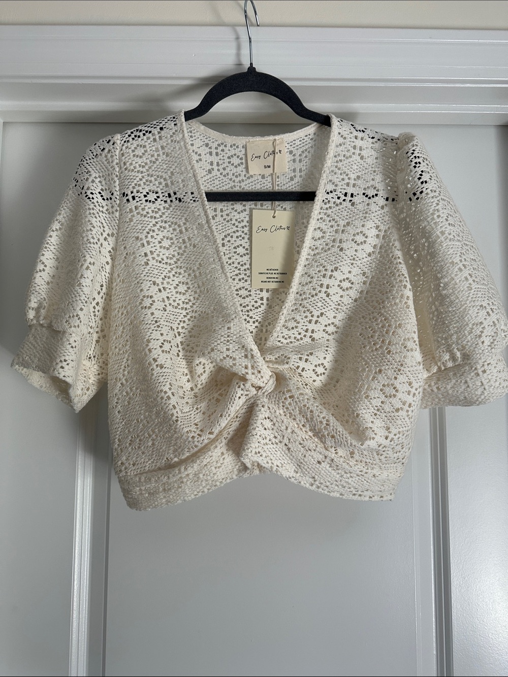 Easy Clothes Cream Crochet Tie-Front Crop Top